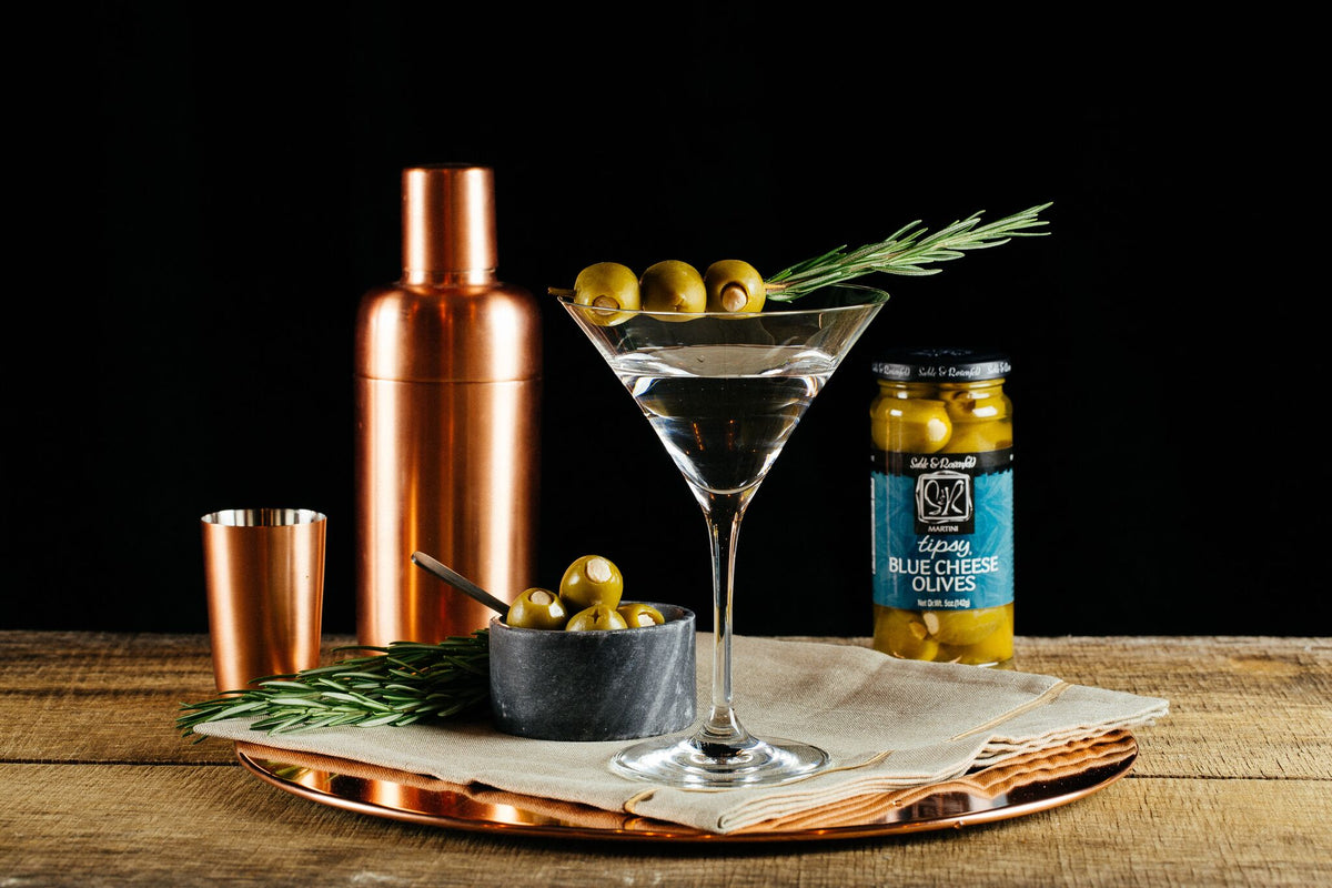 Classic Blue Martini garnished with Blue Cheese Tipsy Olives