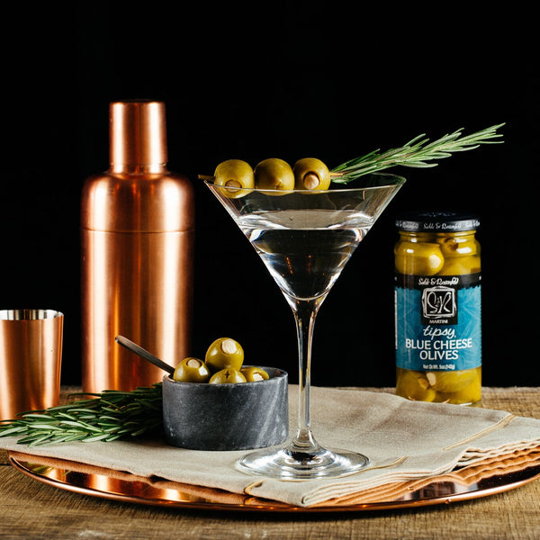 Classic Blue Martini garnished with Blue Cheese Tipsy Olives