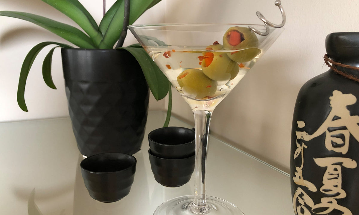 The Saketini with Sake Spicy Tipsy Olives
