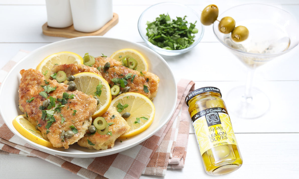 Chicken piccata with Gin Lemon Tipsy Olives