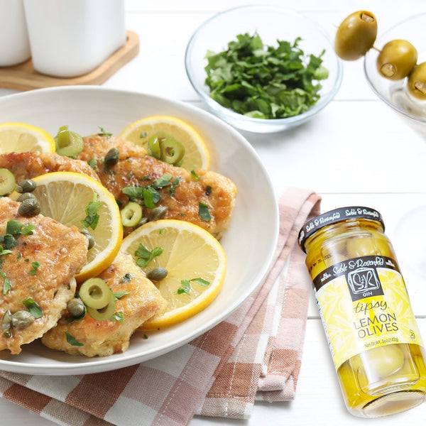 Chicken piccata with Gin Lemon Tipsy Olives